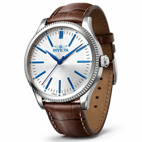Invicta Silver Watch with Blue Details and Brown Strap